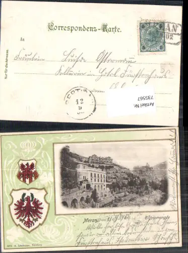 735567 tolle Präge Lithographie Meran Merano Trentino Südtirol Gilfpromenade Wappen