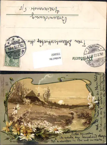 735602 Lithographie Idyllen Allegorie T. Guggenberger Sonne Hütte Blumen Herbst Idylle Jugendstil