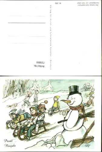 733899 Mundgemalt Künstler AK Cefischer Die lustige Schlittenfahrt Neujahr Schneemann