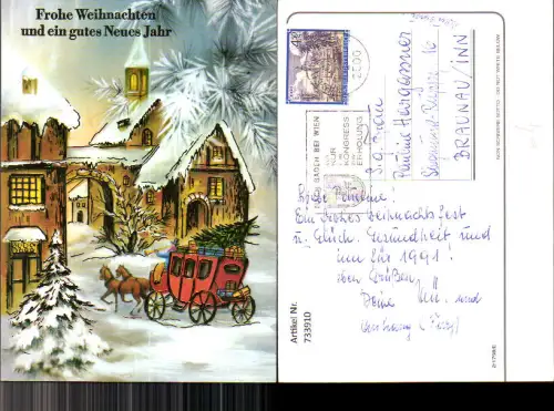 733910 Weihnachten Neujahr Kutsche Winterdorf Goldverzierung