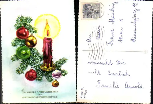 733919 Weihnachten Neujahr Brennende Kerze Tannenzweig Christbaumkugeln