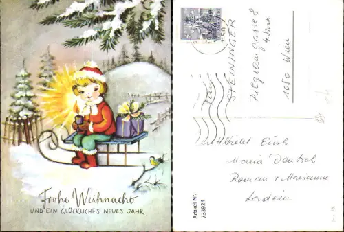 733924 Kind auf Schlitten Brennende Kerze Winterwald Weihnachten Neujahr