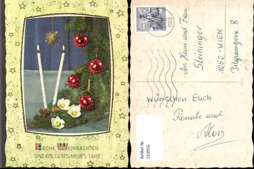 733936 Weihnachen Neujahr Brennende Kerzen Tannenzweig Schneerose Christbaumkugel