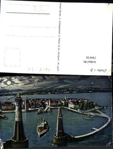 734416 Künstler AK Lindau im Bodensee Hafen Leuchtturm Schiffe Dampfer bei Nacht