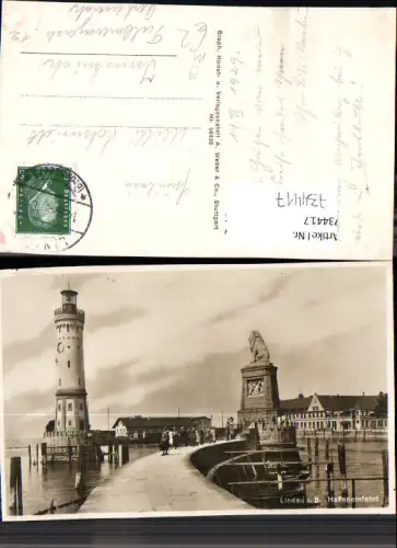 734417 Foto AK Lindau im Bodensee Hafeneinfahrt Leuchtturm Löwendenkmal