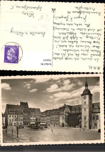 734421 Foto AK Freiberg in Sachsen Obermarkt Brunnen Bus Autobus