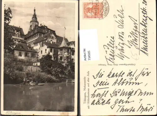 734505 Tübingen Neckaransicht mit Hölderlinsturm u. alter Aula Zille Boot