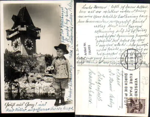 736493 Fotomontage Graz Uhrturm Bub Junge Tracht m. Blumen