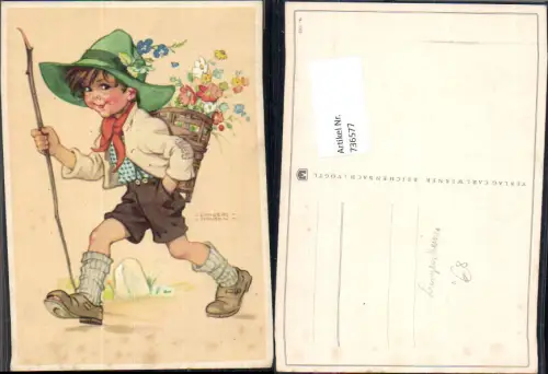 736577 Künstler AK Lvngers Havsen Kind Bub Junge Wanderer mit Rückenkorb Blumen