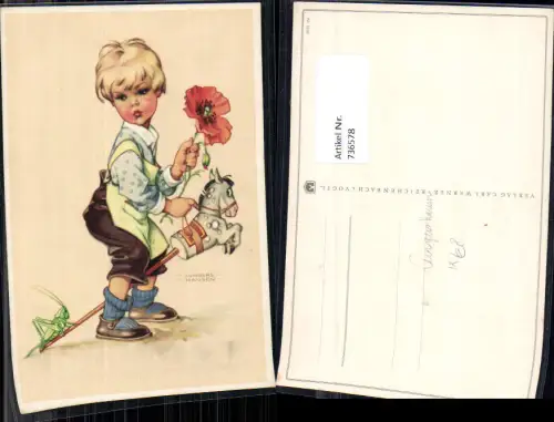 736578 Künstler AK Lvngers Havsen Kind Bub Junge Steckenpferd Mohnblume Blume Grashüpfer