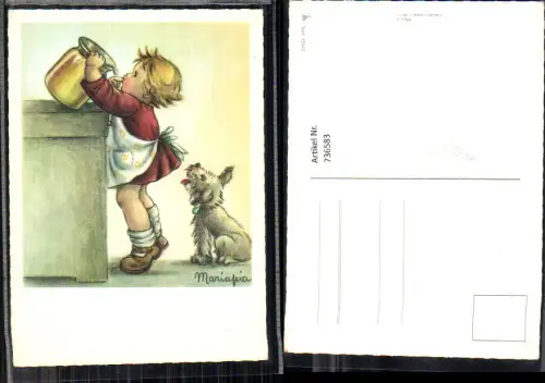 736583 Künstler AK Maria Pia Kind Mädchen mit Topf Hund Schleckermäulchen
