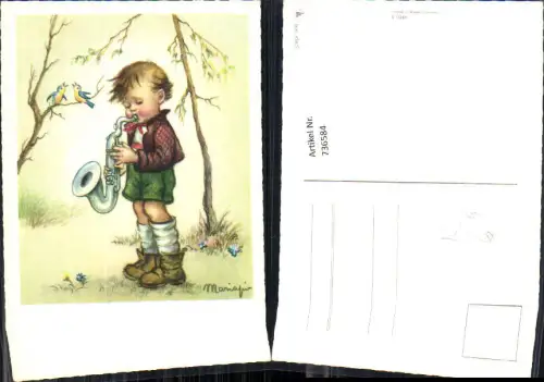 736584 Künstler AK Maria Pia Kind Junge Bub Saxophon Musik Vögel