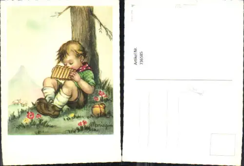 736585 Künstler AK Maria Pia Kind Junge Bub mit Mundharmonika Blumen Baum