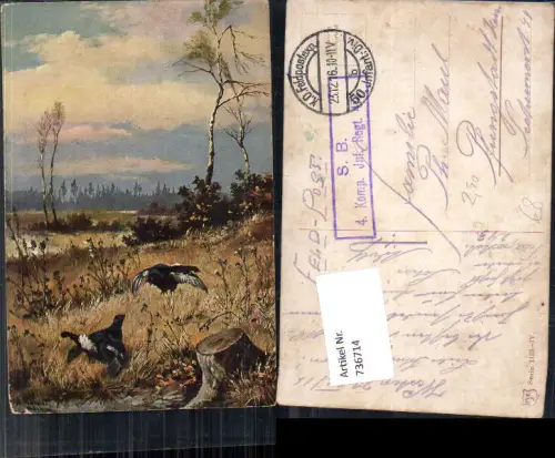 736714 Künstler AK Alfred Schönian Jagd Auerhahn Wald Birken Feldpost Pfungstadt