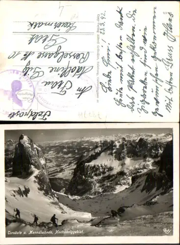 737744 Foto AK Mühlbach a. Hochkönig Torsäule u. Manndlwände Hochköniggebiet Tourengeher Bergsteigen Feldpost