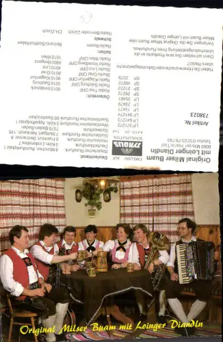 738023 Reklame AK Original Milser Buam mit Loinger Diandl Musik Tracht Wein Mils b. Hall in Tirol