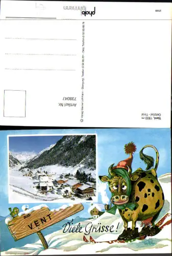 738047 Künstler AK Vent Sölden im Winter Kuh Rind raucht Pfeife Humor