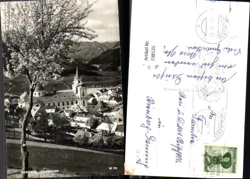 738125 Foto AK Mariazell Ansicht Basilika Baumblüte im Vordergrund