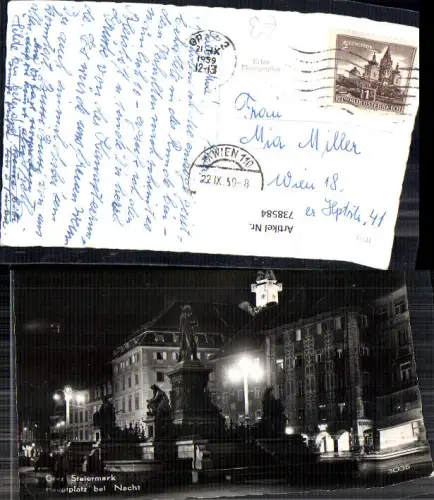 738584 Foto AK Graz Hauptplatz bei Nacht Beleuchteter Uhrturm im Hintergrund