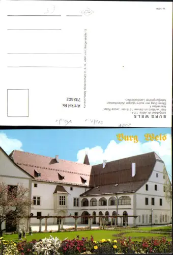 738602 Burg Wels Ansicht m. Blumen im Vordergrund Statue