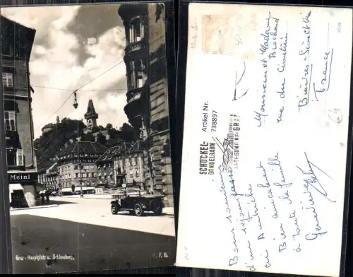738897 Foto AK Seltene Ansicht Graz Hauptplatz u. Schlossberg Uhrturm Automobil Oldtimer Reklame Meinl