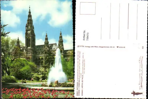 739473 Wien Vienna Rathaus mit Springbrunnen Tulpen Blumen im Vordergrund