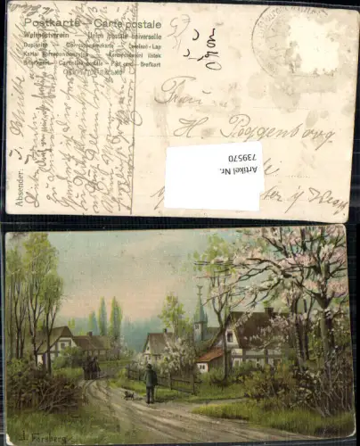 739570 Künstler AK J. Forsberg Dorf Mann Spaziergang Hund