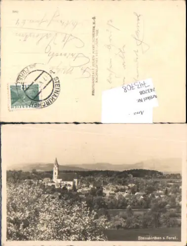743708 Foto AK Steinakirchen a. Forst Ansicht m. Kirche Baumblüte i. Vordergrund
