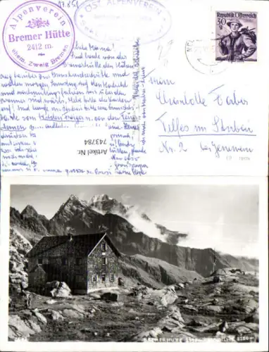 743784 Foto AK Bremerhütte m. Habicht Bremer Hütte Gschnitz