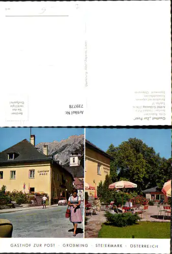 739778 Mehrbild AK Gröbming Gasthof zur Post Frau Tracht Gastgarten Sonnenschirm Meinl Reklame