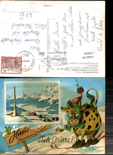 740033 Künstler AK FRAPA Haus im Ennstal Sendemast Kuh Rind Pfeife rauchend Humor Wintersport