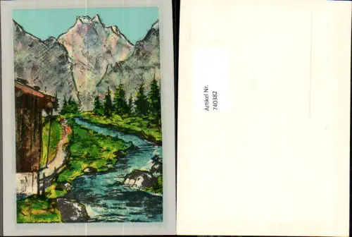 740382 Künstler AK Hütte Fluss Landschaft Bergkulisee