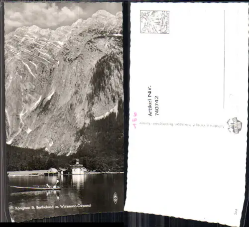 740742 Foto AK Königssee St Bartholomä m. Watzmann-Ostwand Boote Zille Ruderboot Kirche Bayern