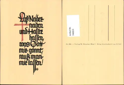 740814 Spruch AK Lass Neider Linolschnitt von O. Feil pub M. Häusler Wien Nr. 806