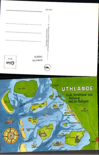740878 Lagekarte Uthlande Insel Nordstrand u. Pellworm und d. Halligen