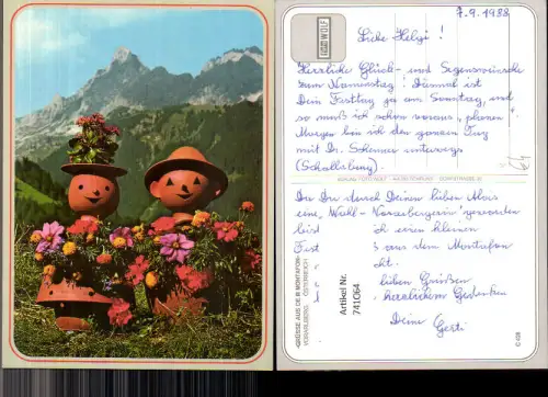 741064 Grüsse aus dem Montafon Blumentöpfe vermenschlicht Blumen Tontöpfe