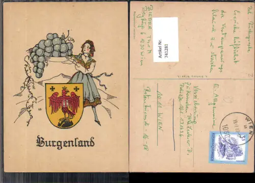 741281 Künstler AK Burgenland Frau Tracht m. Weintrauben Wein Wappen