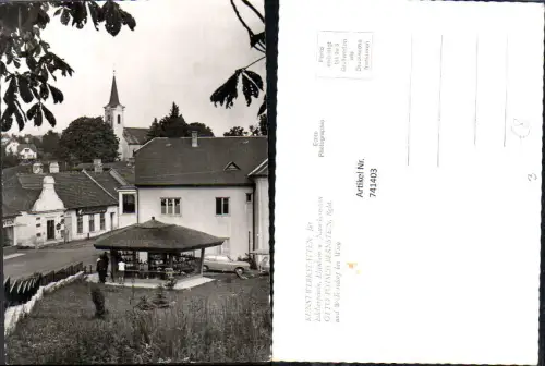 741403 Foto AK Bernstein Kunstwerkstätten Edelserpentin Otto Potsch Kiosk Kirche i. Hintergrund
