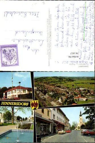 741417 Mehrbild AK Jennersdorf Burgenlandhof Straßenpartie m. Kirche Luftbild Springbrunnen