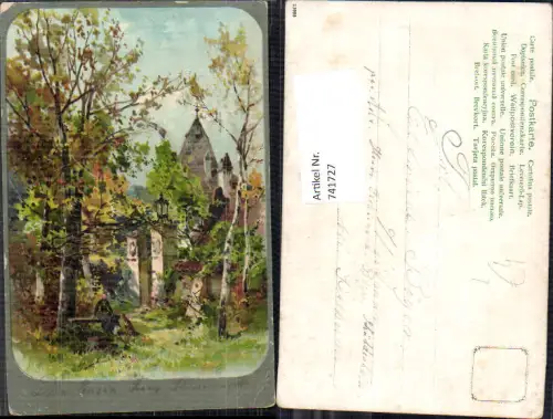 741727 Künstler AK Litho Frau a. Bank Herbstwald Kirche