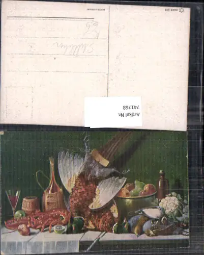 741768 Künstler AK Stillleben Fasan Hummer Wein Obst Früchte Jagd