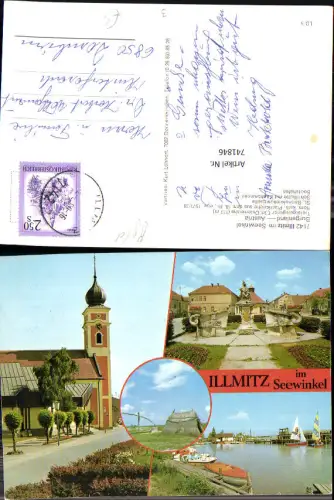741846 Mehrbild AK Illmitz Seewinkel Pfarrkirche St Bartholomäusquelle Schilfhütte mit Ziehbrunnen Hafen