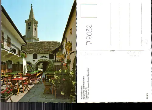 742032 Freistadt Rust Buschenschank Huber Gastgarten mit Kirche