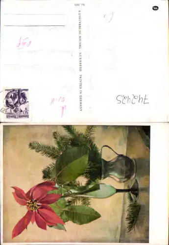 742425 Künstler AK Weihnachtsstern Tannenzweig in Vasen Blumen