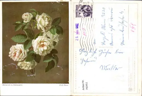 742451 Künstler AK Meister d. 19 Jahrhunderts Weisse Rosen Blumen