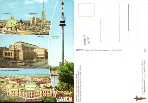 742787 Mehrbild AK Wien Vienna Peterskirche Donauturm Staatsoper Burgtheater