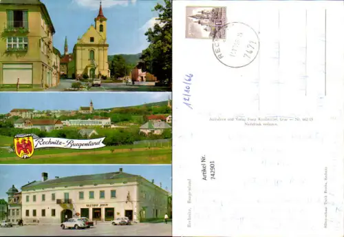 742901 Mehrbild AK Rechnitz Kirche Straßenpartie Gasthof Rose VW Käfer