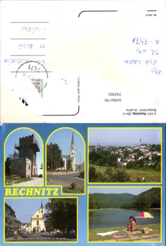 742905 Mehrbild AK Rechnitz Badeufer Badesee Kirche Ansicht Turm