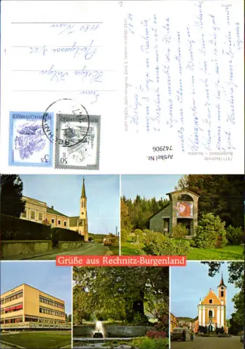742906 Mehrbild AK Rechnitz Kirche Springbrunnen Schule