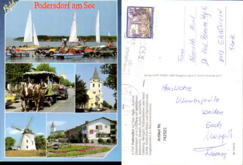 742921 Mehrbild AK Podersdorf a. See Kirche Windmühle Segelboote Hotel Martinshof